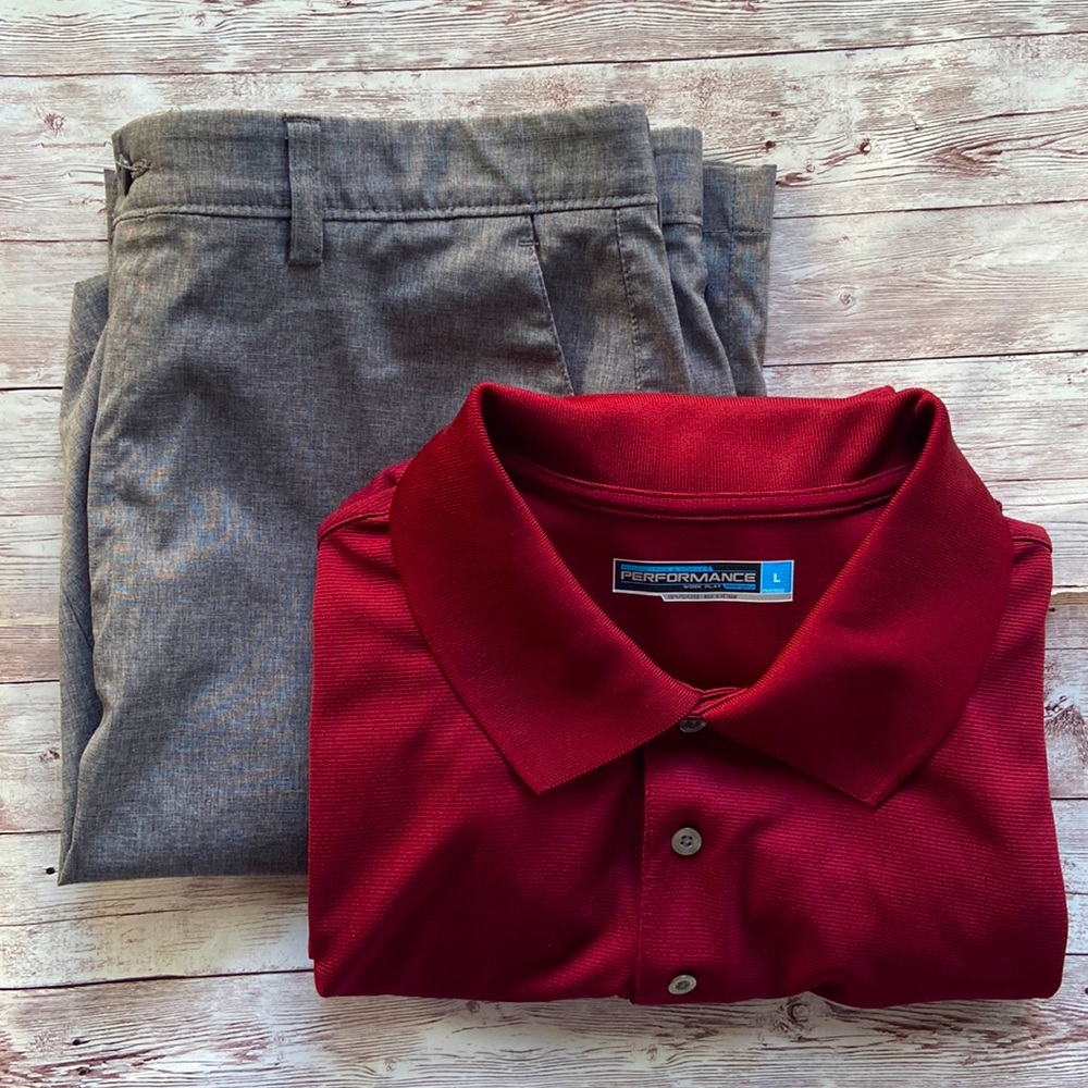 GOLF BUNDLE Men's PGA Tour Gray Flat Front Sz: 34. and Roundtree Wine Polo Sz: L